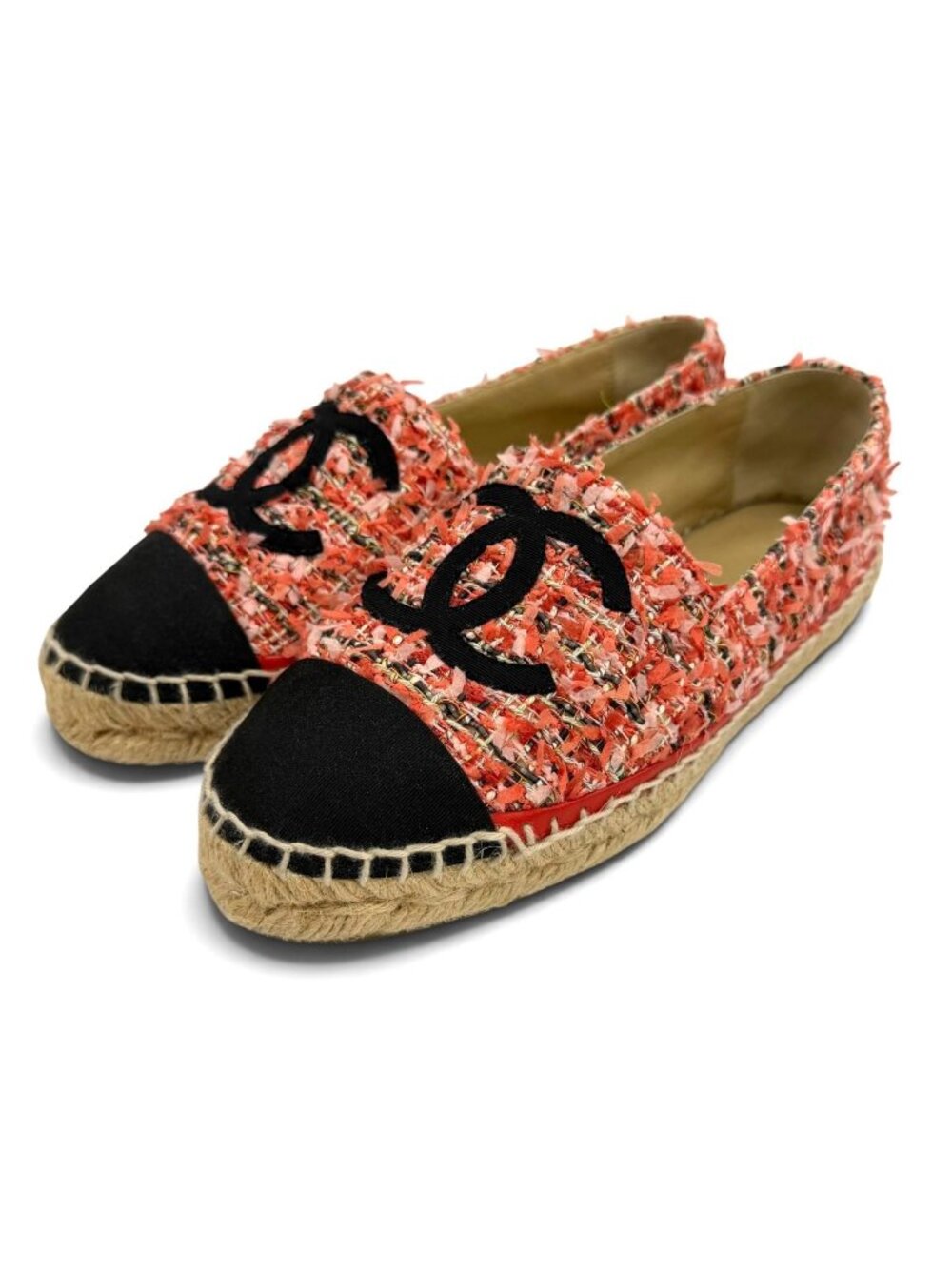 Chanel CC Logo Ribbon Tweed Espadrilles Slip on Pink Black Slipper 36